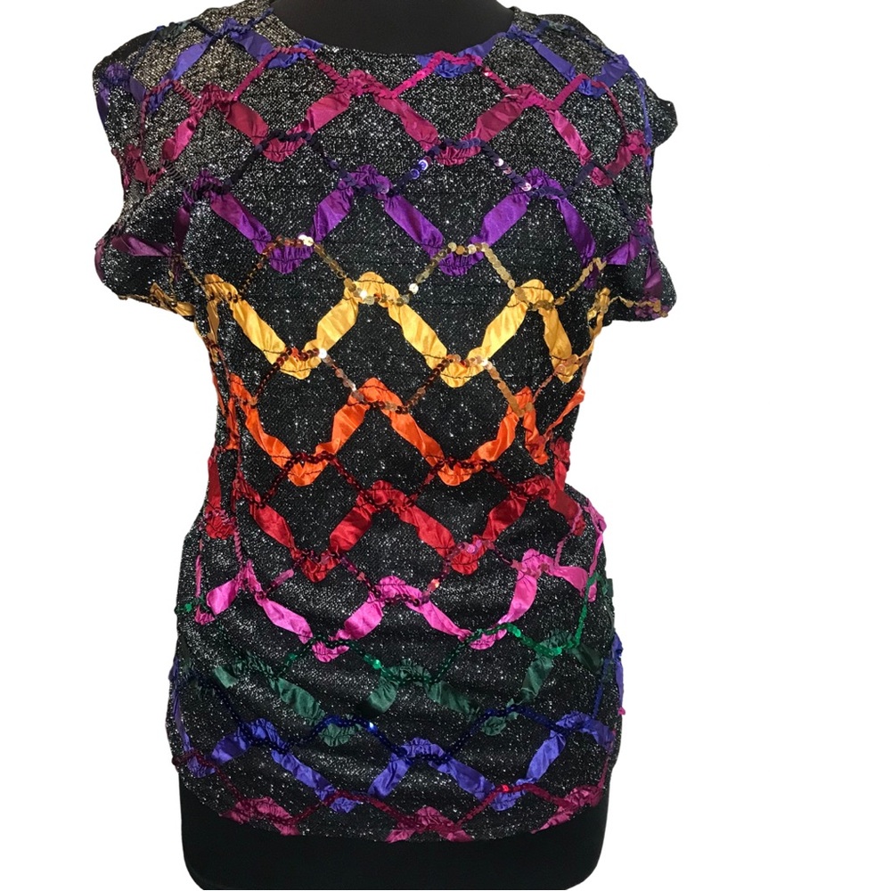 Lucky Winner vintage sleeveless sequins multicolor ribbon blouse M/L